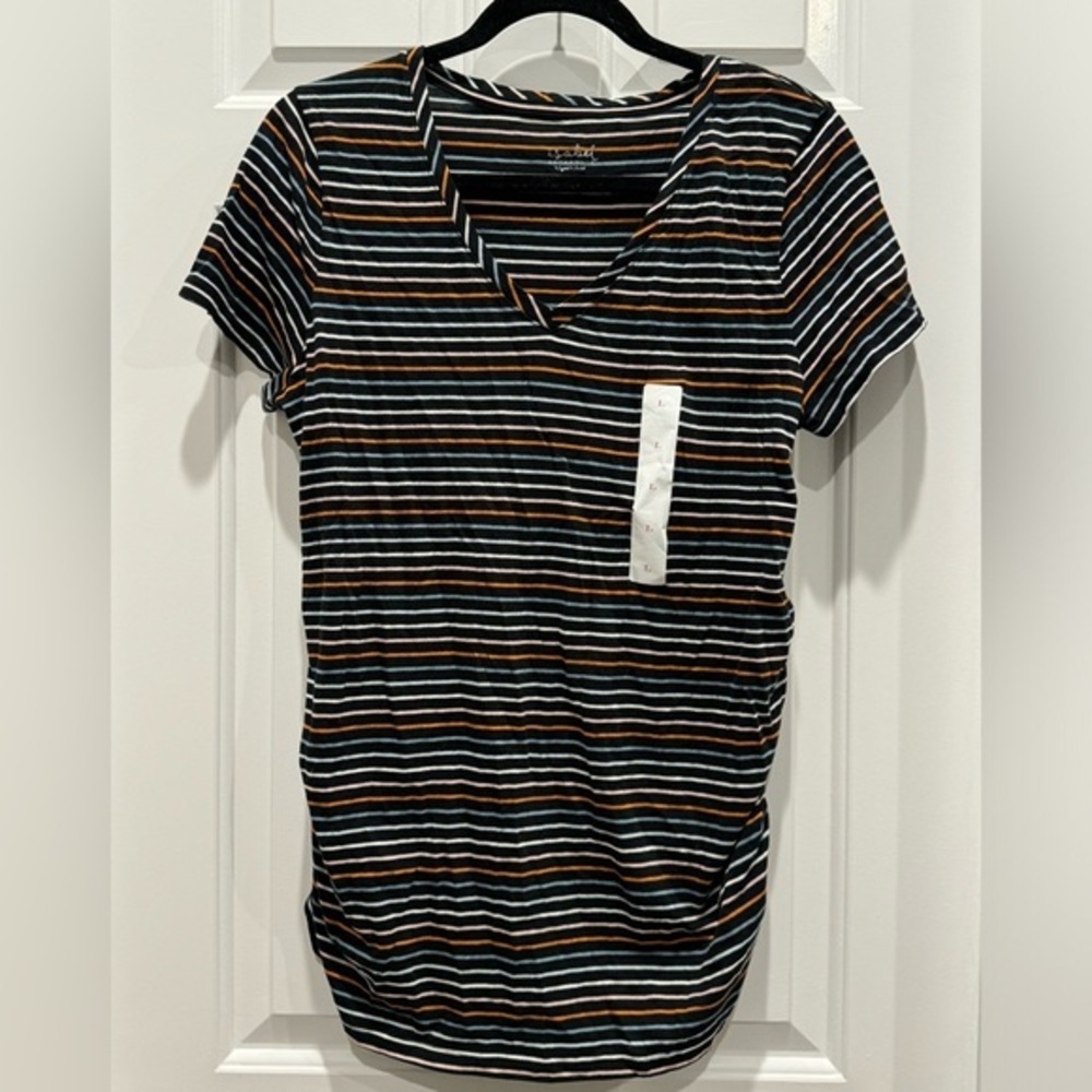 Isabel Maternity stripe v neck touched short sleeve tshirt size large black NWT